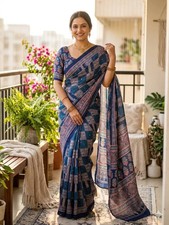 Women's Pure Ajrakh Printed Satin Silk Saree Mirror Work  Unstitched Blouse