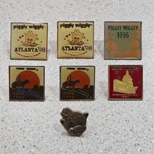 7 Vintage 1990's Piggly Wiggly Grocery Store Convention Award Metal Pins
