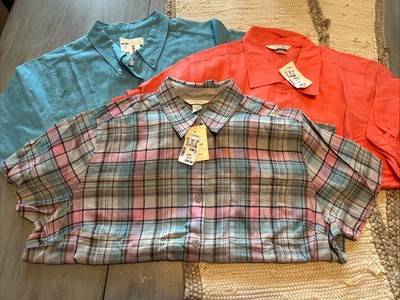 NWT C J Banks Blue Salmon Plaid Linen Blend Button Blouse Shirt Lot of 3 Sz 1X
