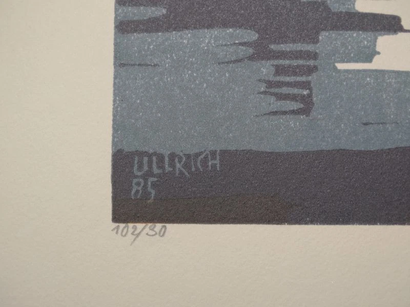 Abend am Untermain Gunter Ullrich numm. Auflage signiert Farb-Linolschnitt 1985 - Bild 3 von 4