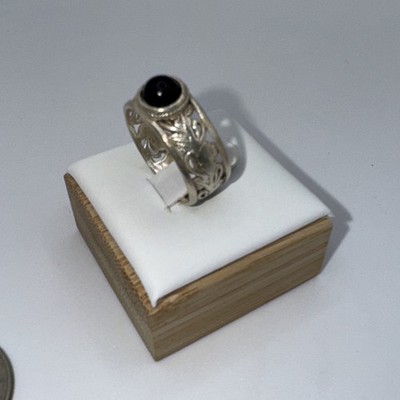 Handmade 925 Sterling Silver Black Onyx Leaf Scroll Ring Sz 7.5