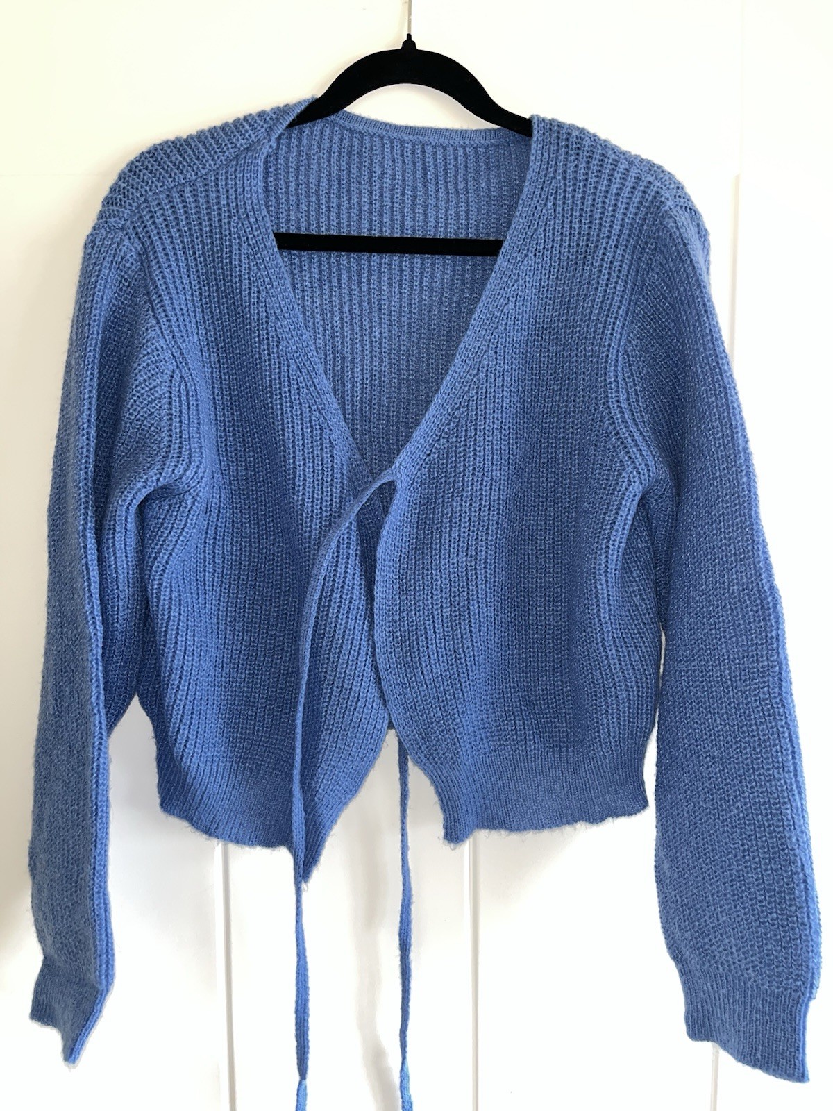 Blue Knit Tie Front Cardigan Sweater V-Neck Long Sleeve Acrylic for Women