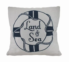 Land and Sea White and Blue Life Preserver Decorative Throw Pillow 16in.