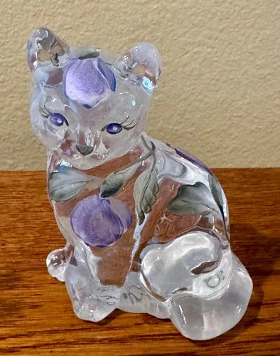 Fenton Cat Figurine Clear/Opalescent Glass w/ purple flowers, signed D Barbour