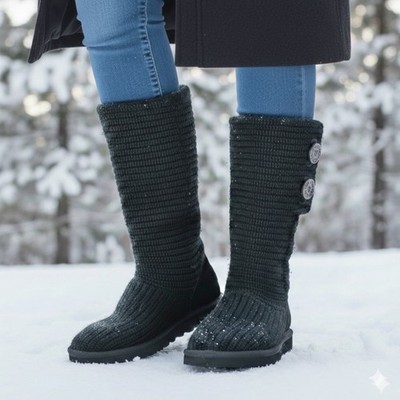 UGG Boots Cardy Sweater Knit Tall Womens Size 6 Black 2-Button Foldover Y2K