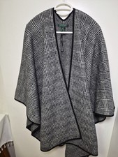POLO RALPH LAUREN Women's Thick Stretch 100 Wool Poncho Plaid Black Gray