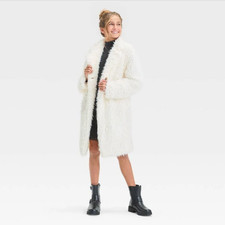 Art Class Faux Fur Coat Girls' Ivory Long Jacket Single Button Front