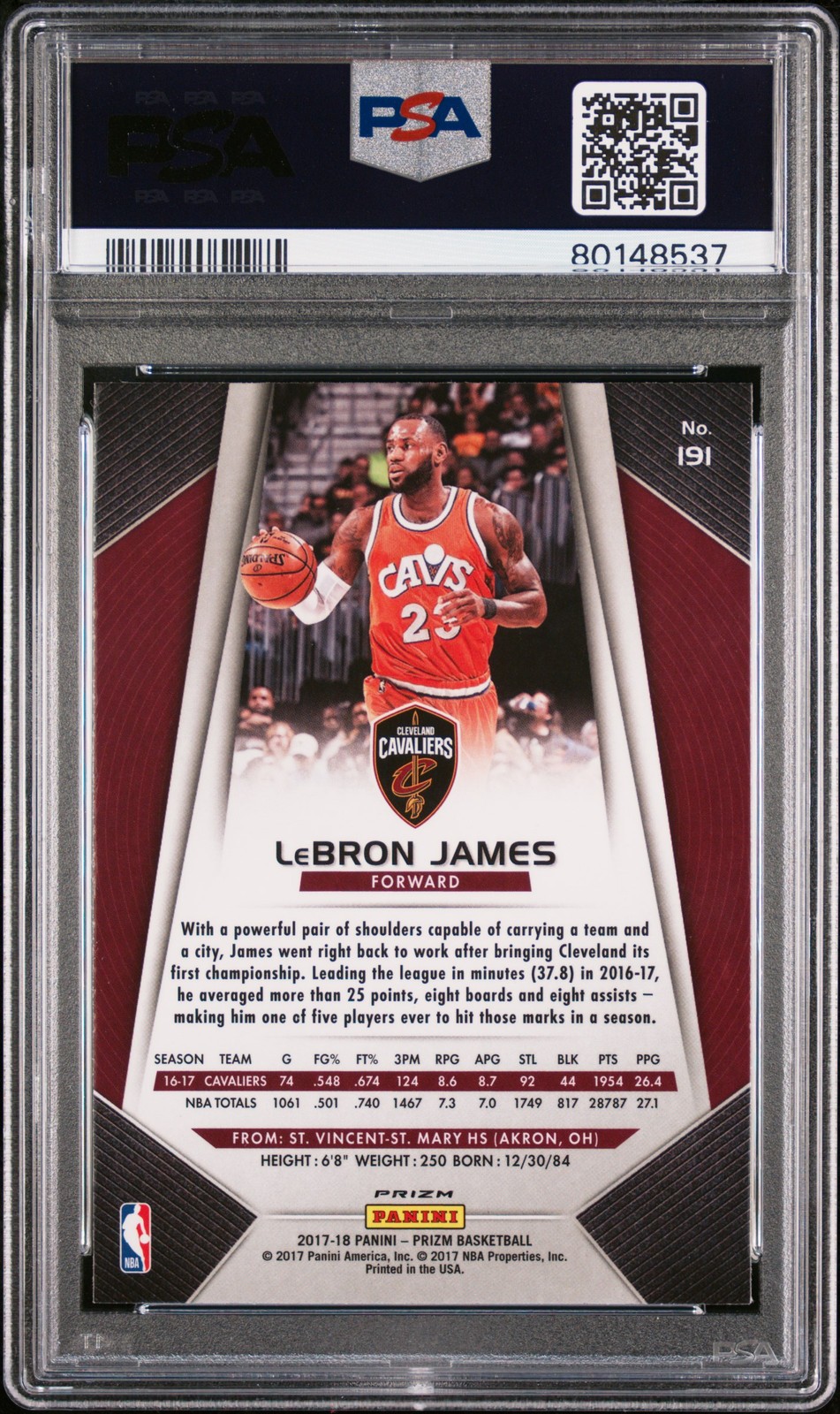 2017 Panini Prizm #191 Lebron James Ruby Wave PSA 8 view 2