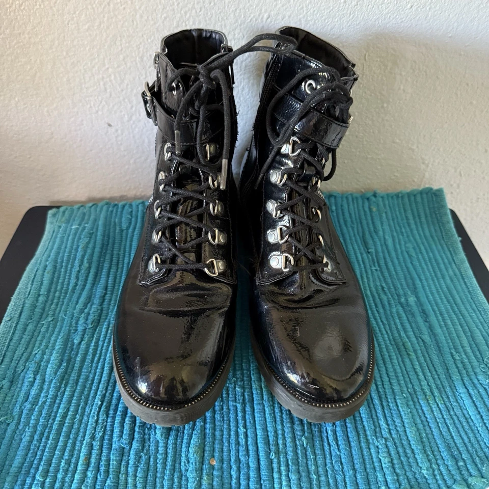 Botas de Combate De Colección Y2K Negro Charol Talla 9 Whimsigoth Grunge Con Cordones Cremallera Foto 4 de 4