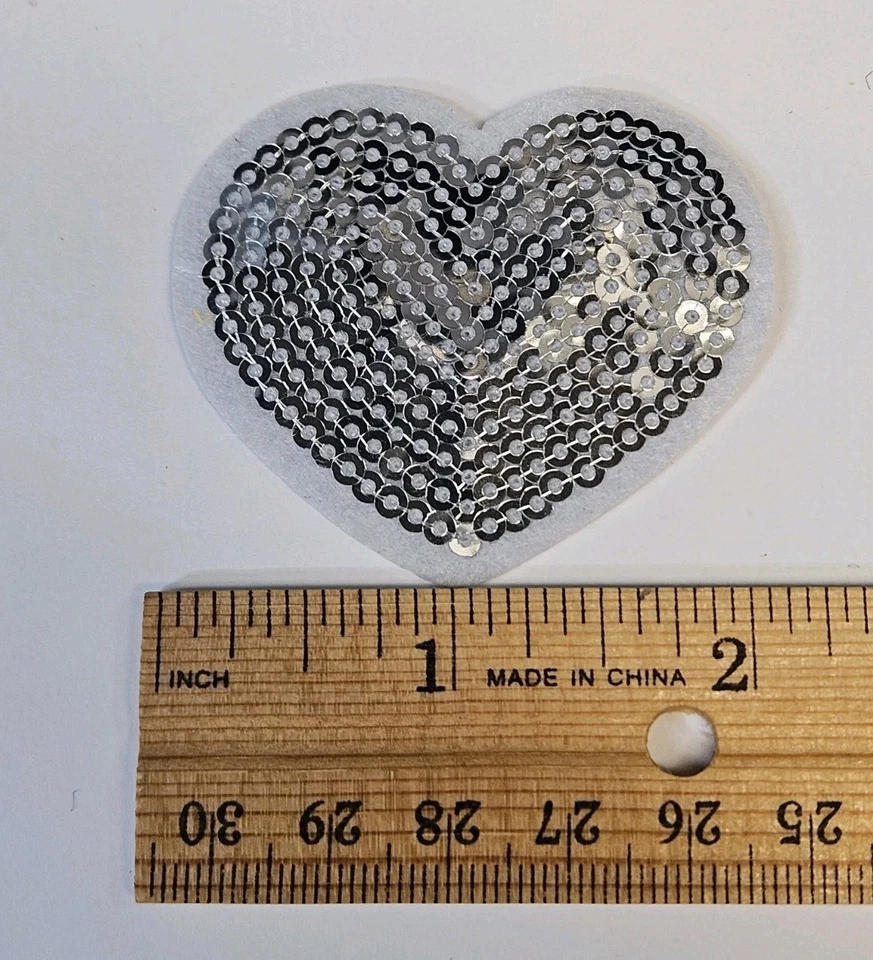Sequins Patch Silver Heart (White Outline) Embroidered Iron On Patches 2" x 1.75 - Image 2 of 3