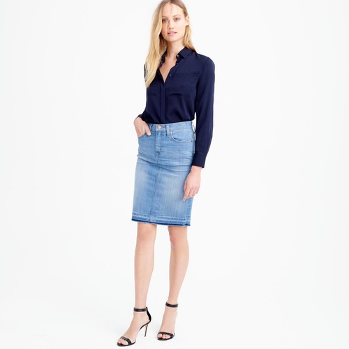 J CREW Frayed Denim Pencil Skirt, Blue 