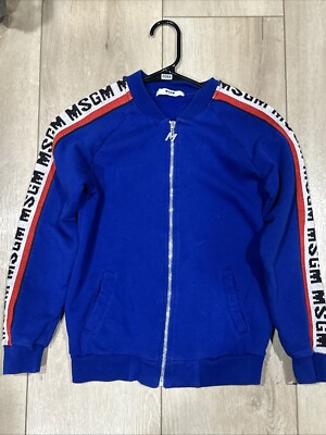 MSGM Kids unisex Bomber Jacket Knitted logo  designer sweater Small Blue Zipper