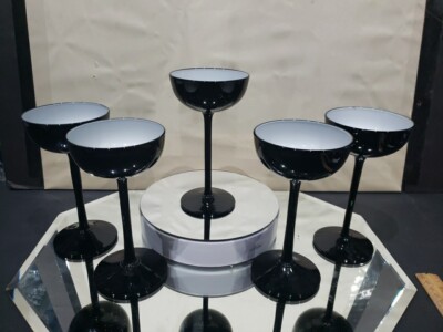 5 Champagne sherbet 6-3/4'' Glasses Cased Black White Carlo Moretti Murano Italy