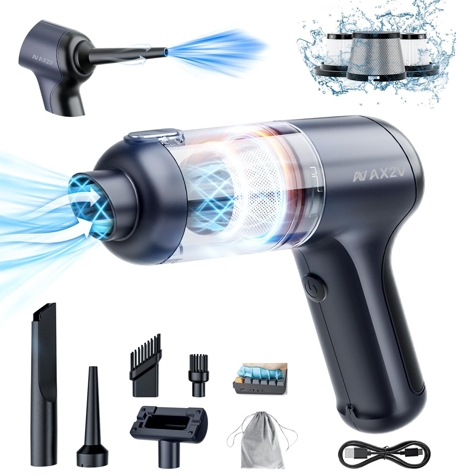 AX2V Car Vacuum Portable Cordless 16000Pa Mini Vacuum Cleaner for Car, Low No...