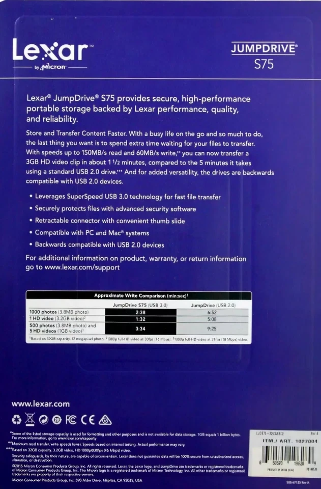 Lexar 32GB JumpDrive S75 USB 3.0 Flash Drive External Storage Up to 150 MB 2/Pak - Image 2 of 2