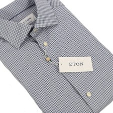 ETON Men Black Gray Blue Check CONTEMPORARY Fit Cotton Dress Shirt 15.75 NWT