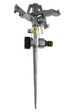 multi adjustable pulsating metal or plastic sprinkler on spike for watering lawn