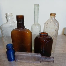 VINTAGE BOTTLES MIXED LOT of 7- Medicine  Snuff Whiskey Amber Clear Blue Purple