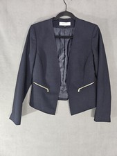 Tahari Arthur Levine Womens Blazer Jacket 4 Navy Blue Open Front Zipper Pockets