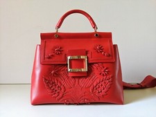$3575 Roger Vivier Viv' Cabas Small Floral Ottoman Red Leather Embroidered Bag