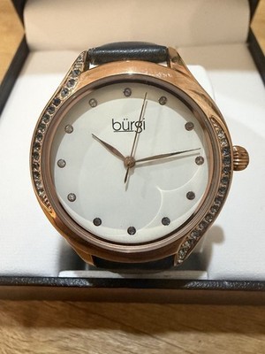 Burgi Women's Quartz Analog Rose Gold Case White Dial Black Leather Strap w/ Box