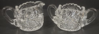 AMERICAN BRILLIANT Cut Glass Creamer & Sugar Hobstar  And  Feather Spiral Design