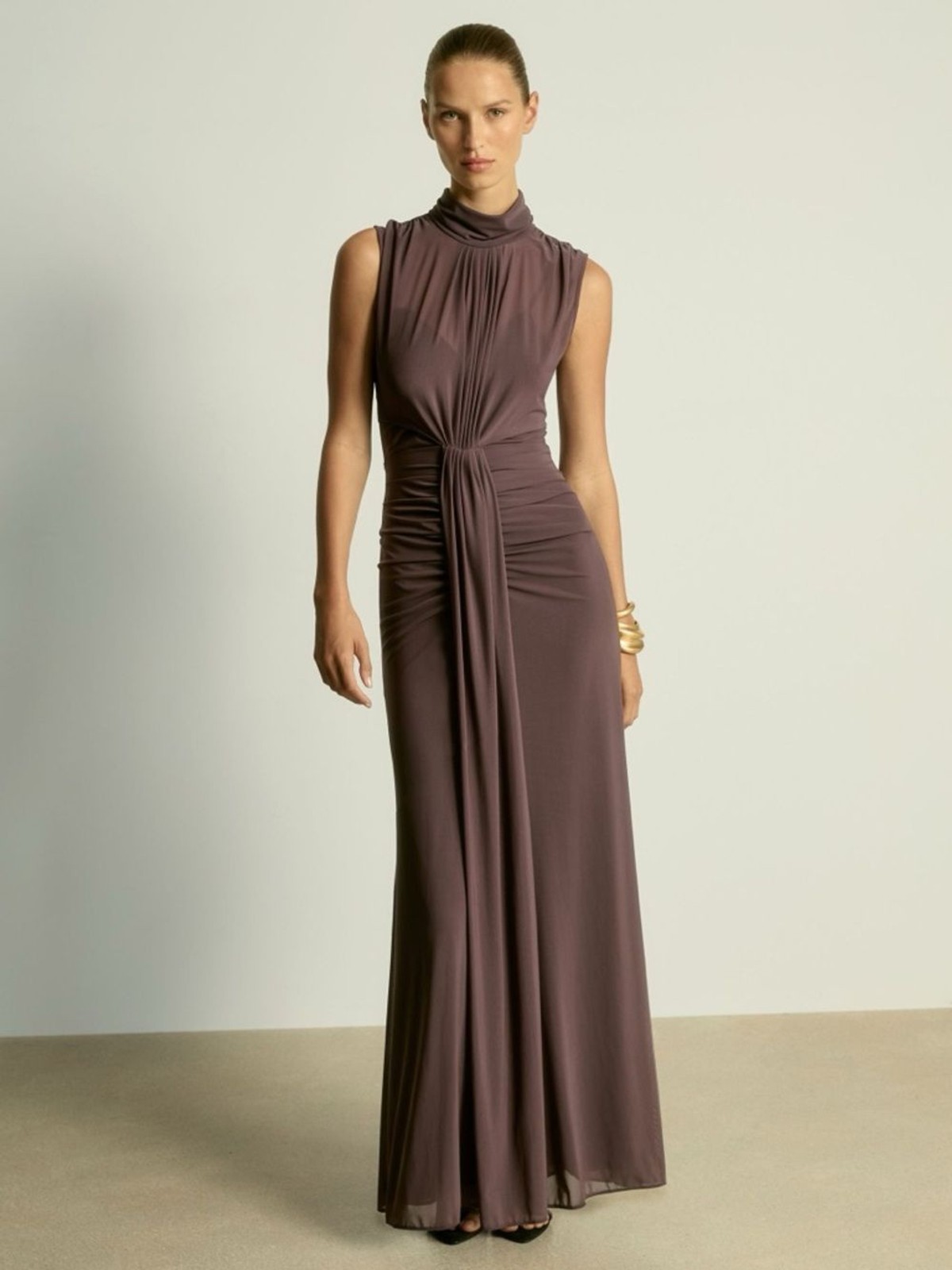 REISS DANIELLA Sheer Ruched Maxi Dress in Taupe, Size USA 10, $398