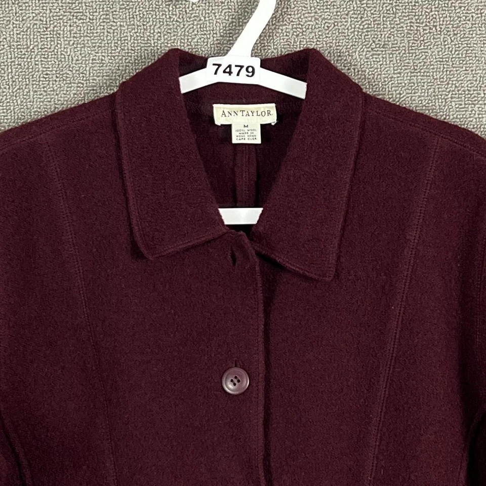 Chaqueta Ann Taylor Mujer Mediana Borgoña 100% Lana Botón Frontal Abrigo Corto Foto 2 de 4