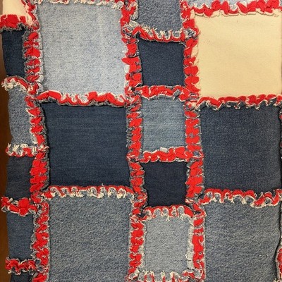 Vintage Denim Jean Patchwork Rag Quilt Blanket Handmade Reversible Shabby Chic
