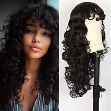Black Brown Fluffy Long Curly Synthetic Full Wig with Bangs Heat Resistant for