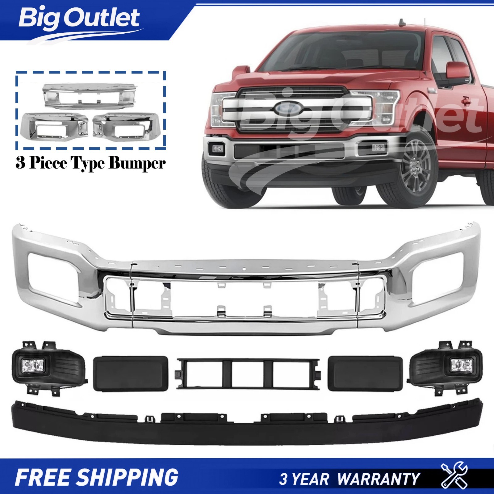 Front Bumper Face Bar Chrome & Fog Lights Assembly Kit For 2018-2020 Ford F-150✅