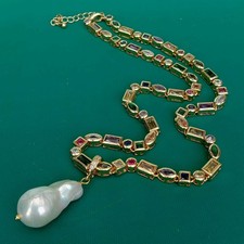 Cultured White Baroque Pearl Pendant Cz Multi Color Chain Choker Necklace