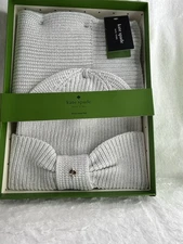 KATE SPADE NEW YORK 2-Piece Bow Gloves+Beanie Gift Set Heather Grey One Size~NWT