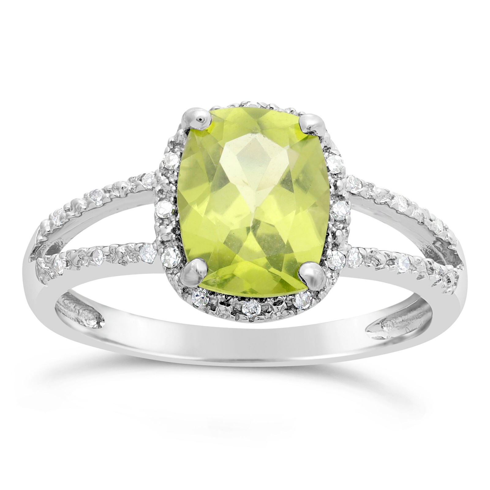 Split Shank Halo Ring 2 cts Green Peridot Pave Diamond Accents Silver - Size 5