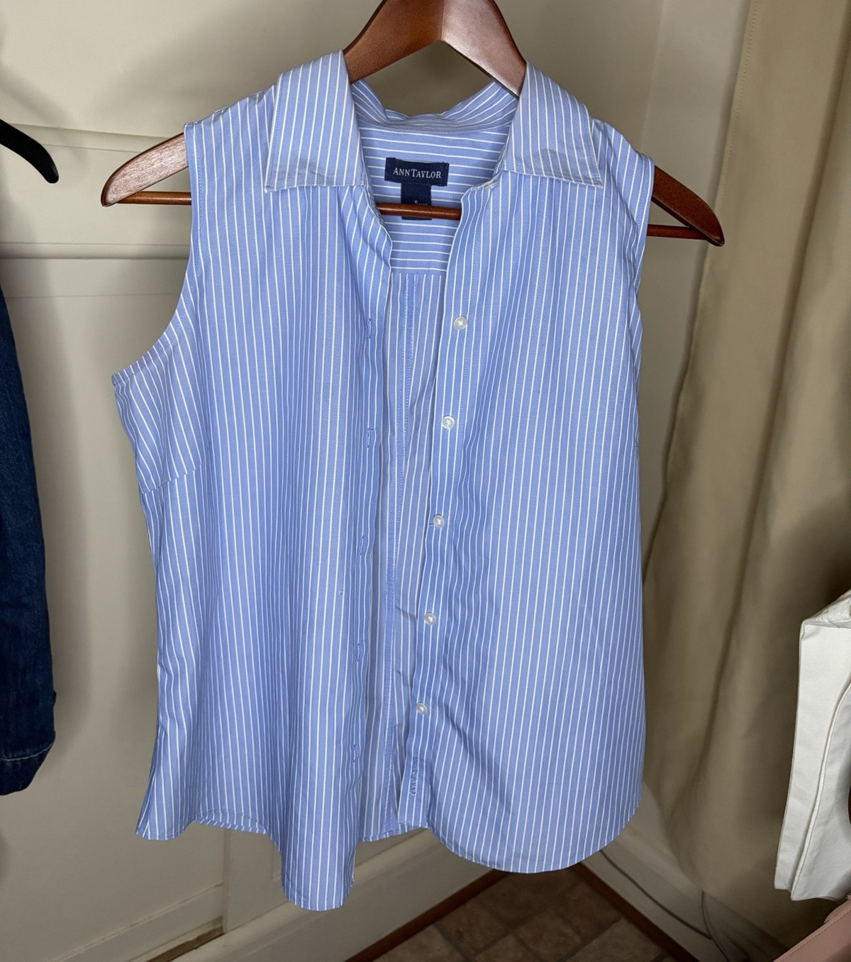 Ann Taylor Blue/White Striped Sleeveless Button-Up Collared Blouse Size 6