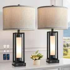 Set of 2 Modern Table Lamps with USB C A Ports Black