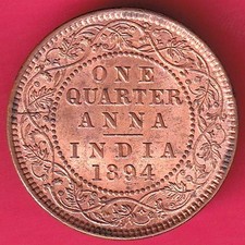 AUNC BRITISH INDIA 1894 VICTORIA EMPRESS ONE QUARTER ANNA RARE COIN #LP10