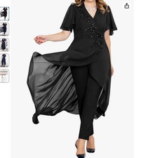 2 Ps Mother of The Bride Formal Event Party Pant Suit Black Chiffon Size 18