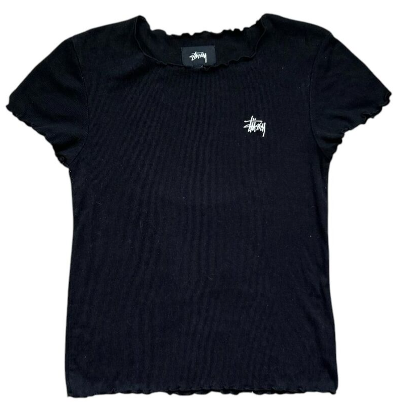 Stussy Black Baby Tee Lettuce-Edge Ribbed Size S Retro Y2K Grunge