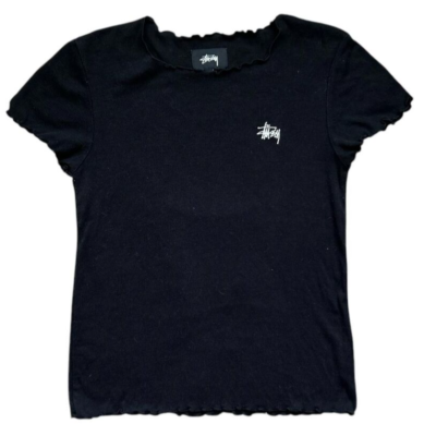 Stussy Black Baby Tee Lettuce-Edge Ribbed Size S Retro Y2K Grunge