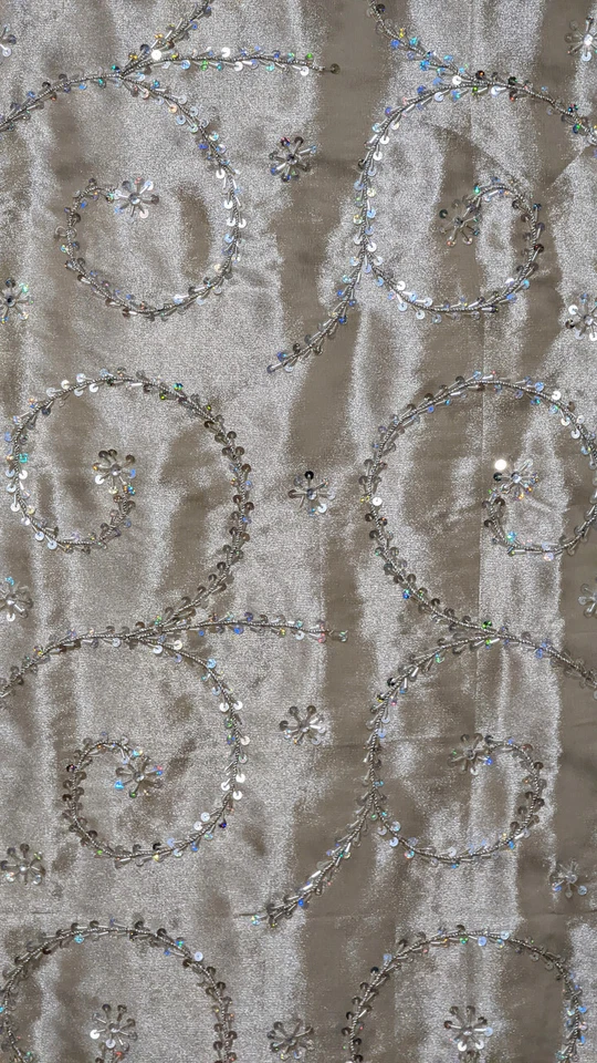 Silver Sheer Beaded Curtain Panel Hand Embroidered Indian Window Treatment 92" - Image 3 of 4