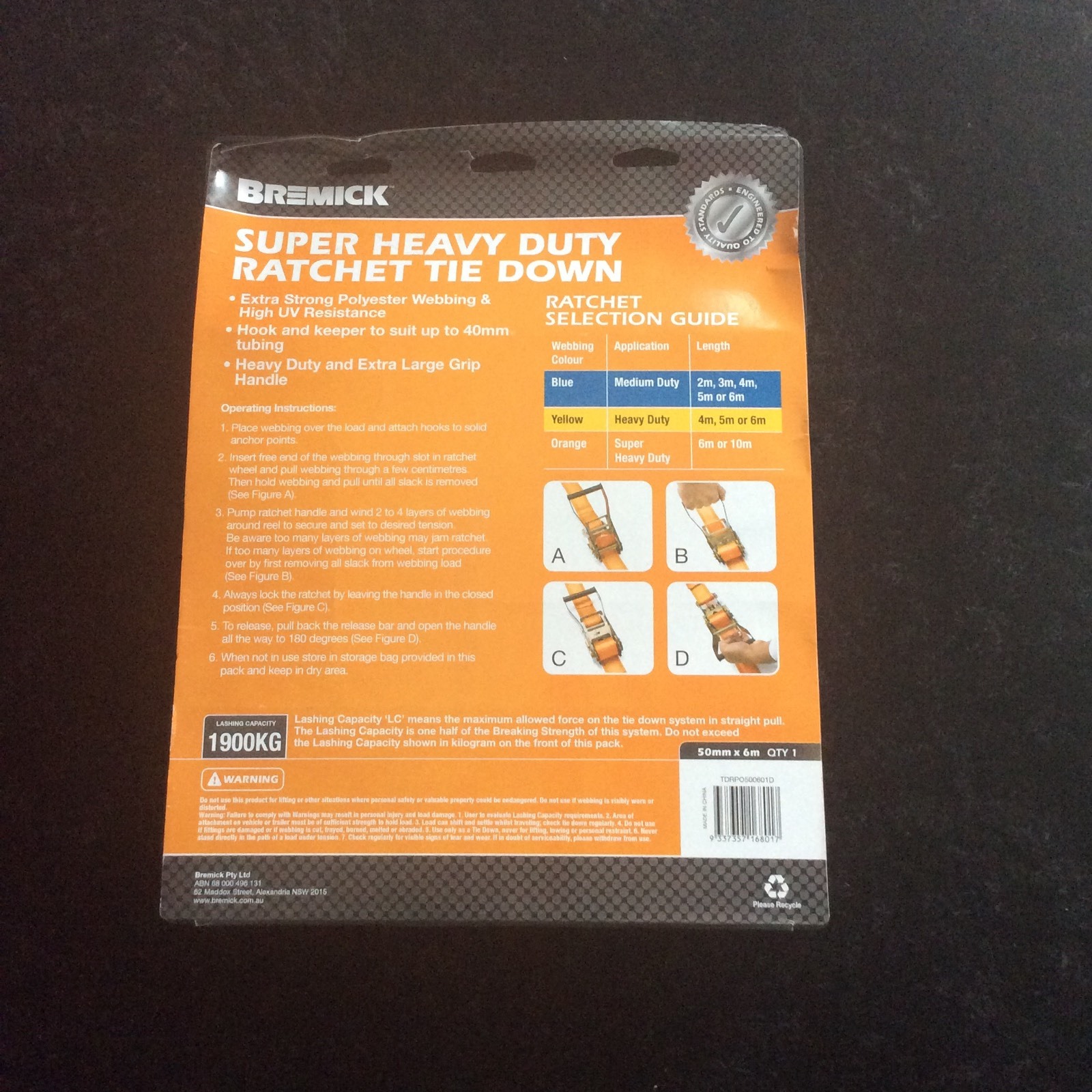 BREMICK SUPER HEAVY DUTY RATCHET TIE DOWN. LASHING CAPACITY 1900KG