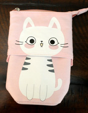 Adjustable CAT PENCIL CASE Pink Organizer Bag Lined Cute Girls Stationary Kitty