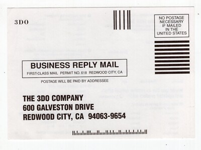 3DO Company Video Game Warranty Registration Card