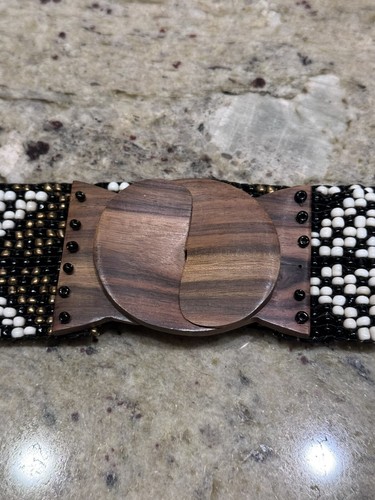 Womens Black And White Fully Beaded Stretch Wooden Clasp Waist Belt One Size - Picture 4 of 5