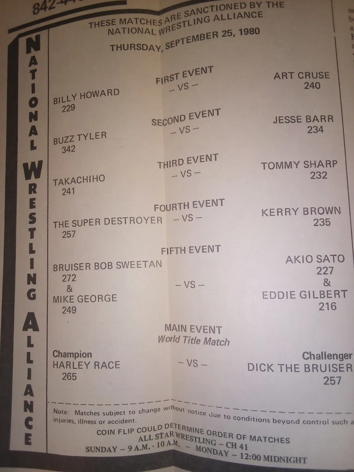 RACE vs Dick BRUISER NWA campeón Brody programa de lucha 1980 WWF KANSAS City awa Foto 2 de 4