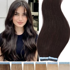 60PCS THICK Tape In 100 Remy Human Hair Extensions Skin Weft FULL HEAD Brown 8A