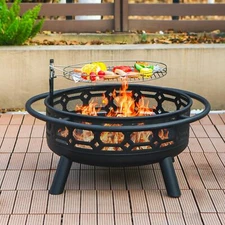 36 Inch Fire Pit, Outdoor Wood Burning Firepit with Removable Grill & Poker