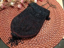 Vintage Blue / Black AB Glass Beaded Evening Bag Purse , Ring Chain Drawstring