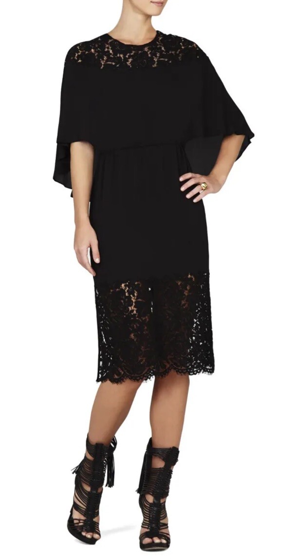 NEW BCBGMAXAZRIA Women XS BLACK LACIE LACE-BLOCKED CAPE MIDI DRESS GG | eBay